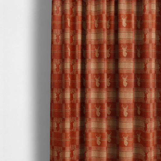 Highland Collection Luxury Soft Like Cotton Feel Stag Deer Head Animal Design On Checked Orange Peach Background Chenille Upholstery Fabric JO-85 - Made To Measure Curtains