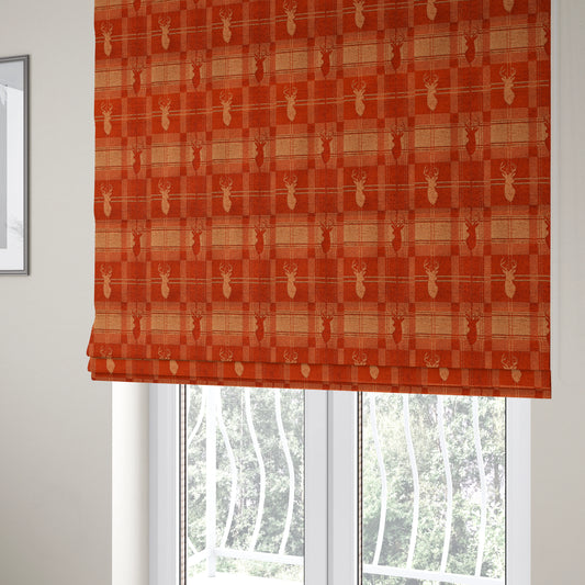 Highland Collection Luxury Soft Like Cotton Feel Stag Deer Head Animal Design On Checked Orange Peach Background Chenille Upholstery Fabric JO-85 - Roman Blinds