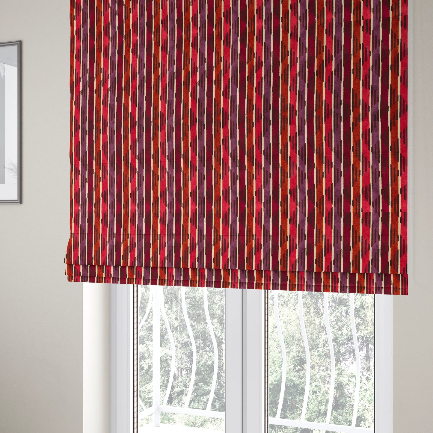 Ziani Designer Stripe Pattern In Vibrant Orange Pink Purple Red Colour Velvet Upholstery Fabric JO-88 - Roman Blinds