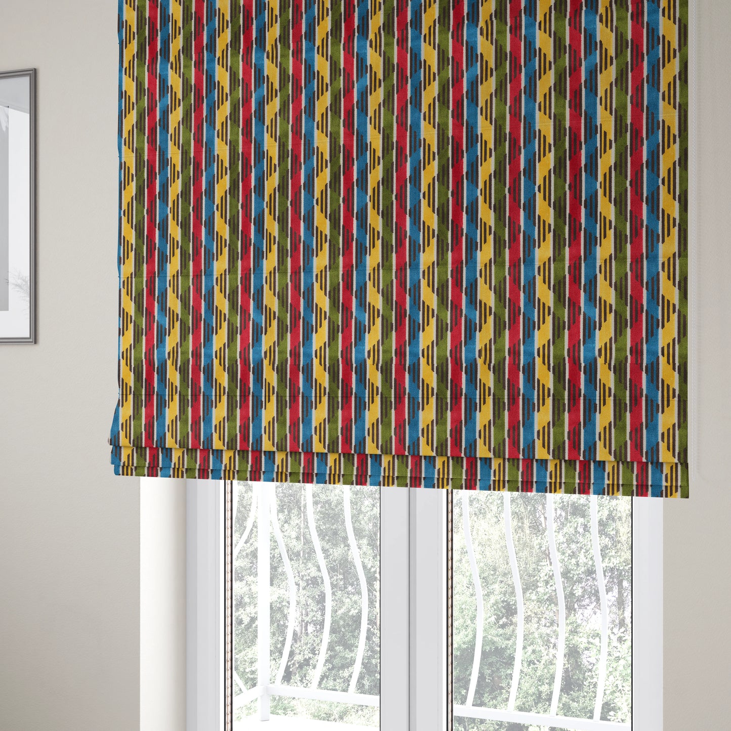 Ziani Designer Stripe Pattern In Vibrant Green Pink Yellow Brown Blue Colour Velvet Upholstery Fabric JO-89 - Roman Blinds