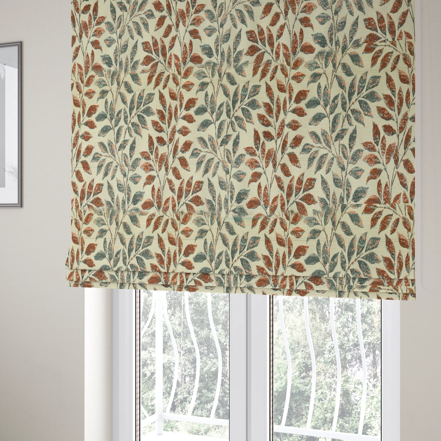 Floral Leaf Theme Pattern In Blue Orange Colour Chenille Jacquard Furniture Fabric JO-897 - Roman Blinds