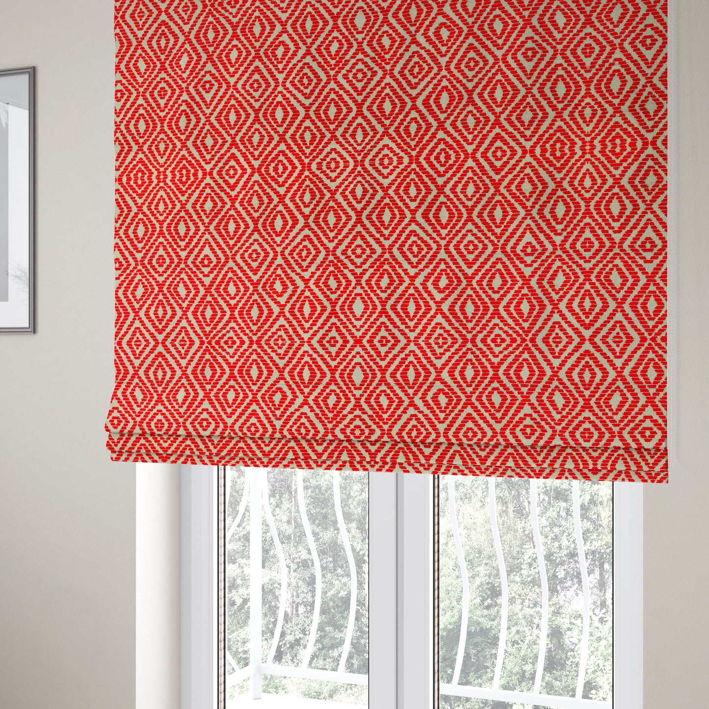 Geometric Diamond Modern Pattern In Red Colour Chenille Upholstery Fabric JO-918 - Roman Blinds