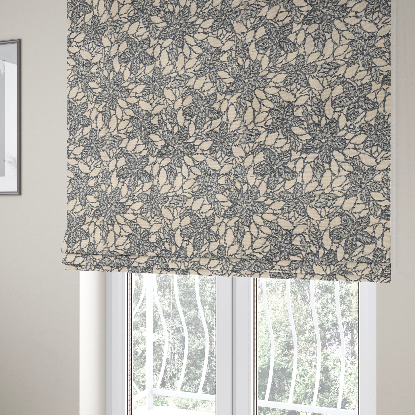 Floral Outlined Pattern In Blue Colour Chenille Jacquard Furniture Fabric JO-919 - Roman Blinds