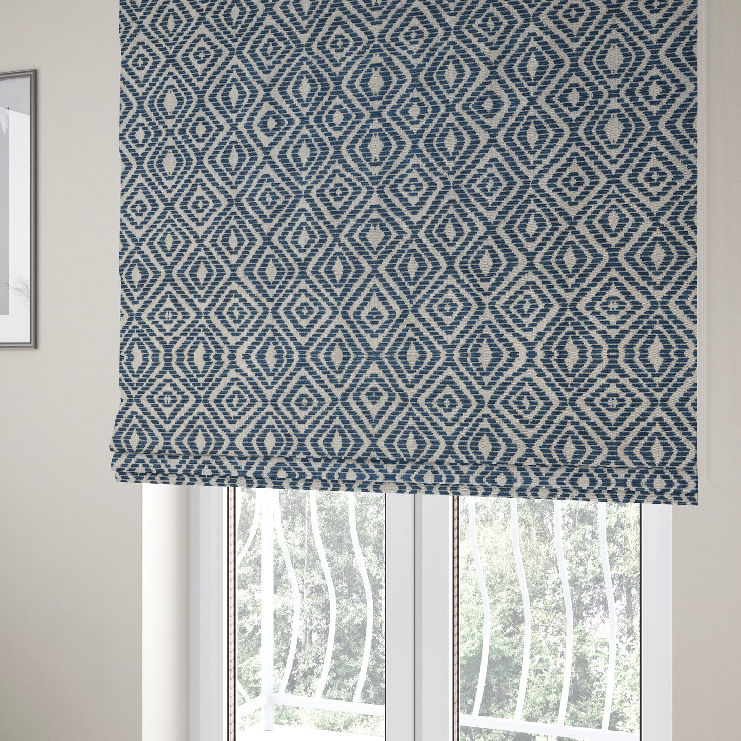 Geometric Diamond Modern Pattern In Navy Blue Colour Chenille Upholstery Fabric JO-925 - Roman Blinds