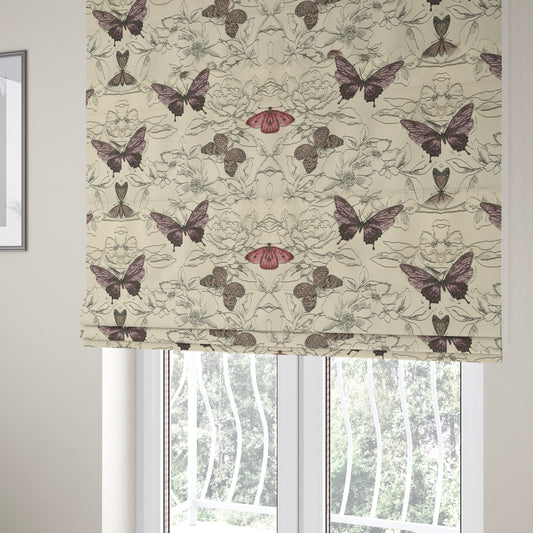 White Purple Pink Colour Flying Butterfly Animal Insect Pattern Chenille Upholstery Fabric JO-930 - Roman Blinds