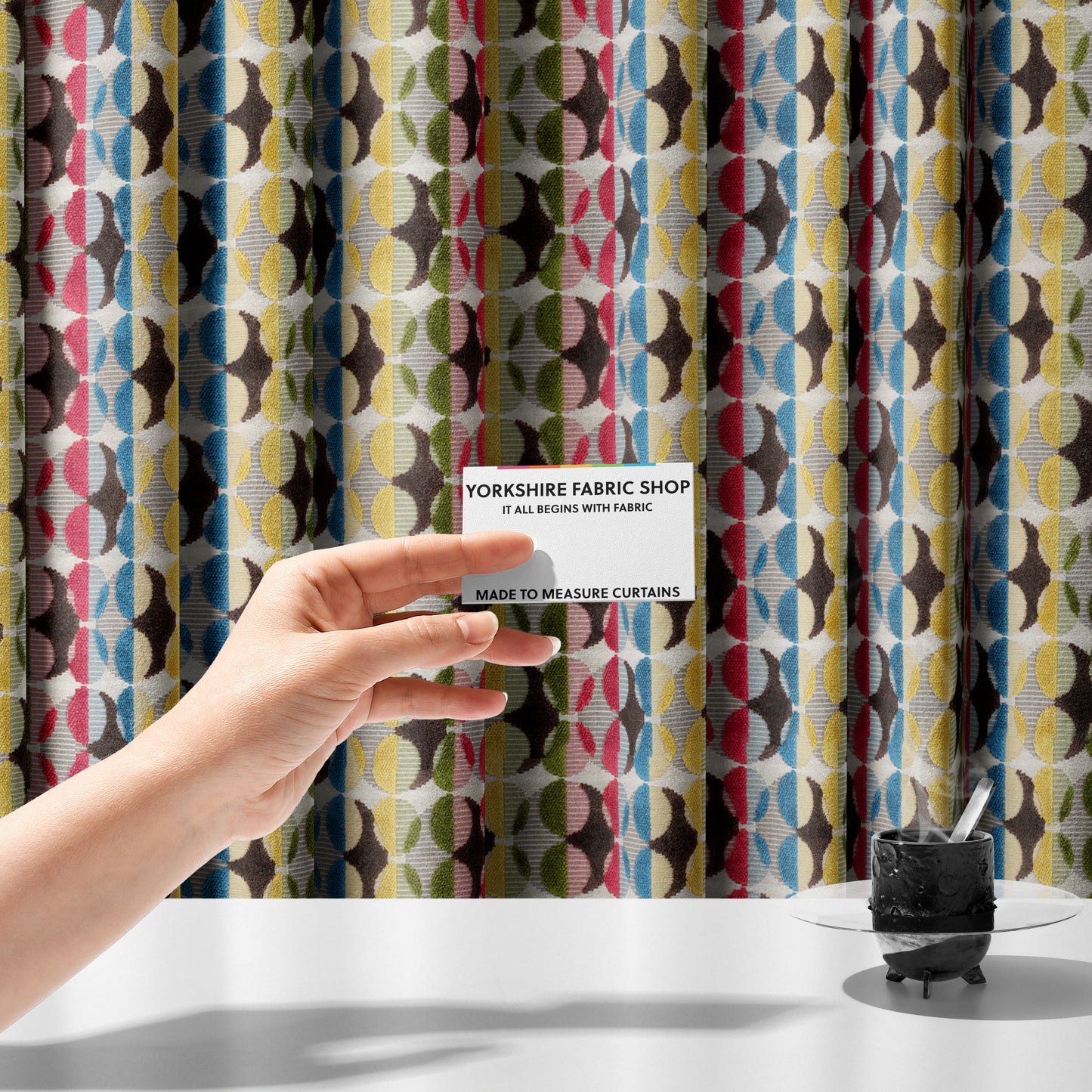 Ziani Designer Eclipse Pattern In Vibrant Yellow Blue Brown Red Colour Velvet Upholstery Fabric JO-95 - Made To Measure Curtains