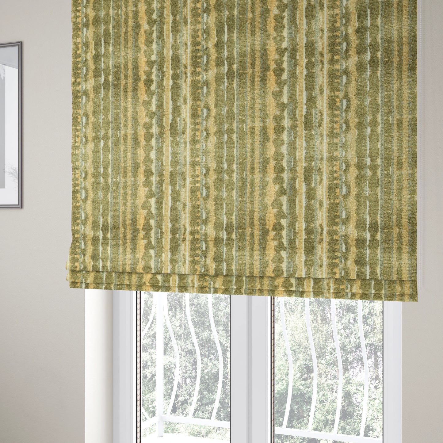 Faded Striped Pattern In Green Grey Colour Velvet Upholstery Fabric JO-950 - Roman Blinds