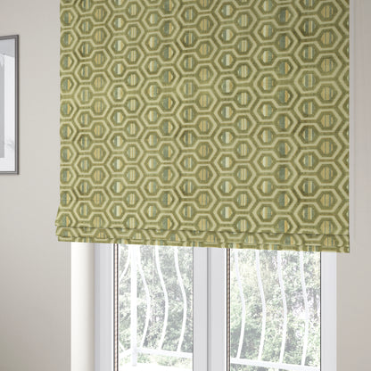 Hexagon Pattern In Green Grey Colour Velvet Upholstery Fabric JO-953 - Roman Blinds