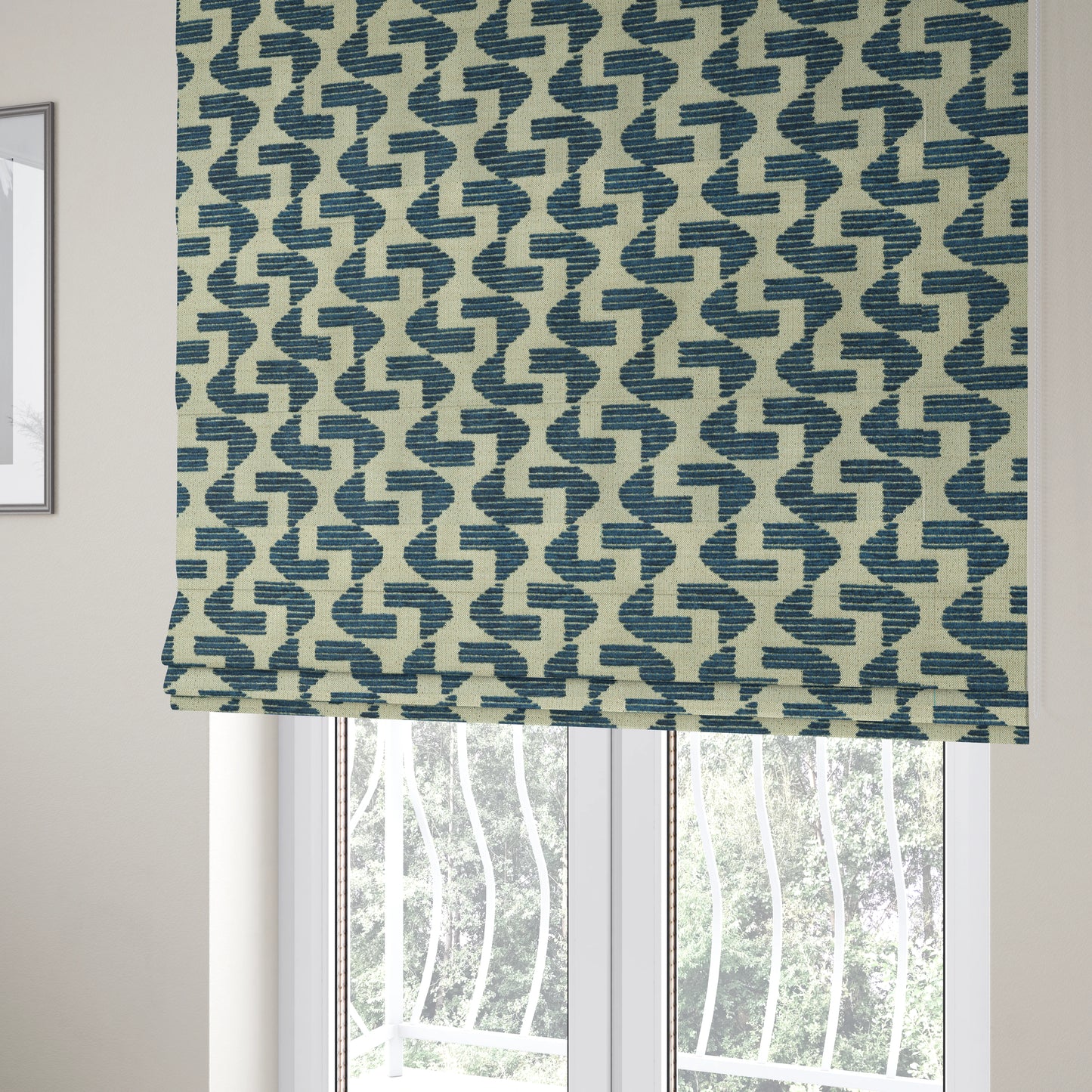 Geometric Modern Pattern In Navy Blue Colour Chenille Upholstery Fabric JO-954 - Roman Blinds