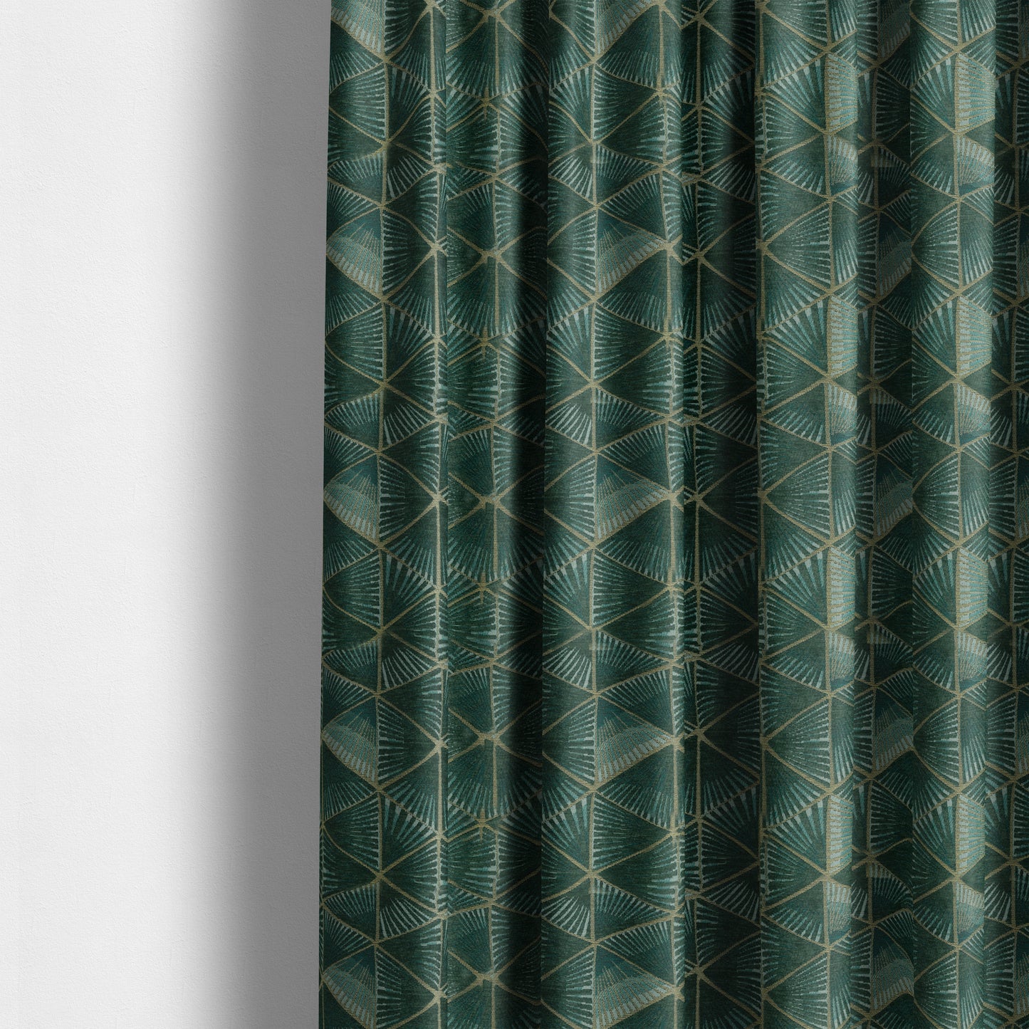 Geometric Triangular Furnishing Pattern Green Gold Coloured Chenille Material Fabric JO-96 - Made To Measure Curtains