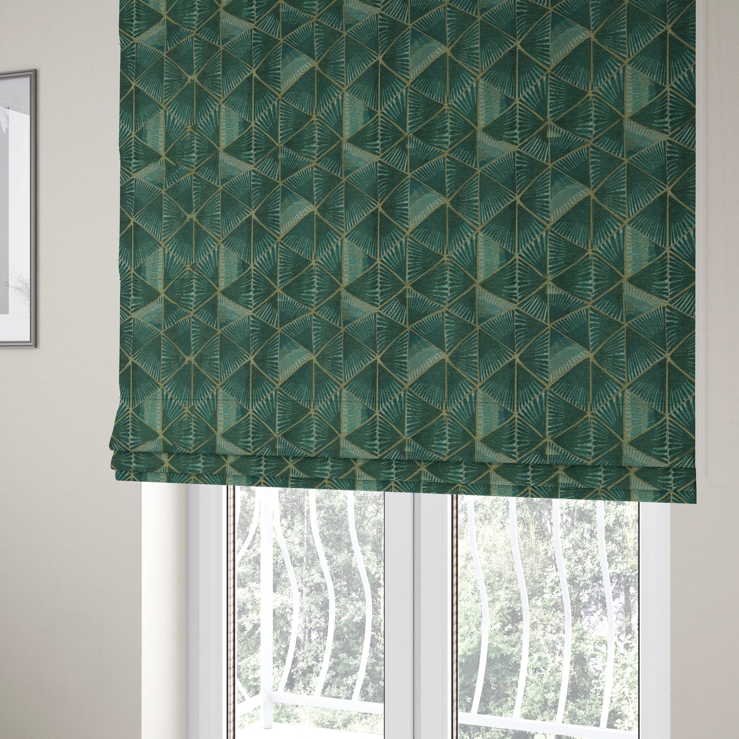 Geometric Triangular Furnishing Pattern Green Gold Coloured Chenille Material Fabric JO-96 - Roman Blinds