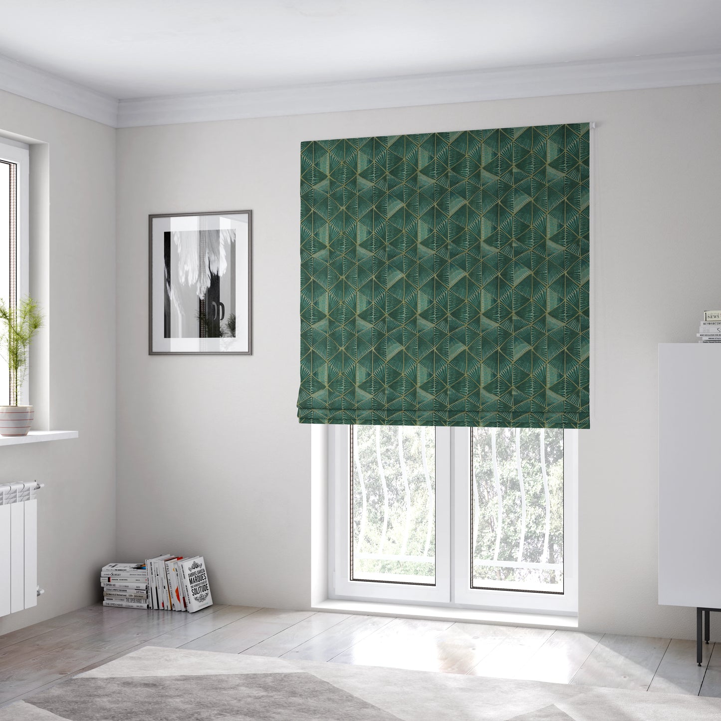 Geometric Triangular Furnishing Pattern Green Gold Coloured Chenille Material Fabric JO-96 - Roman Blinds