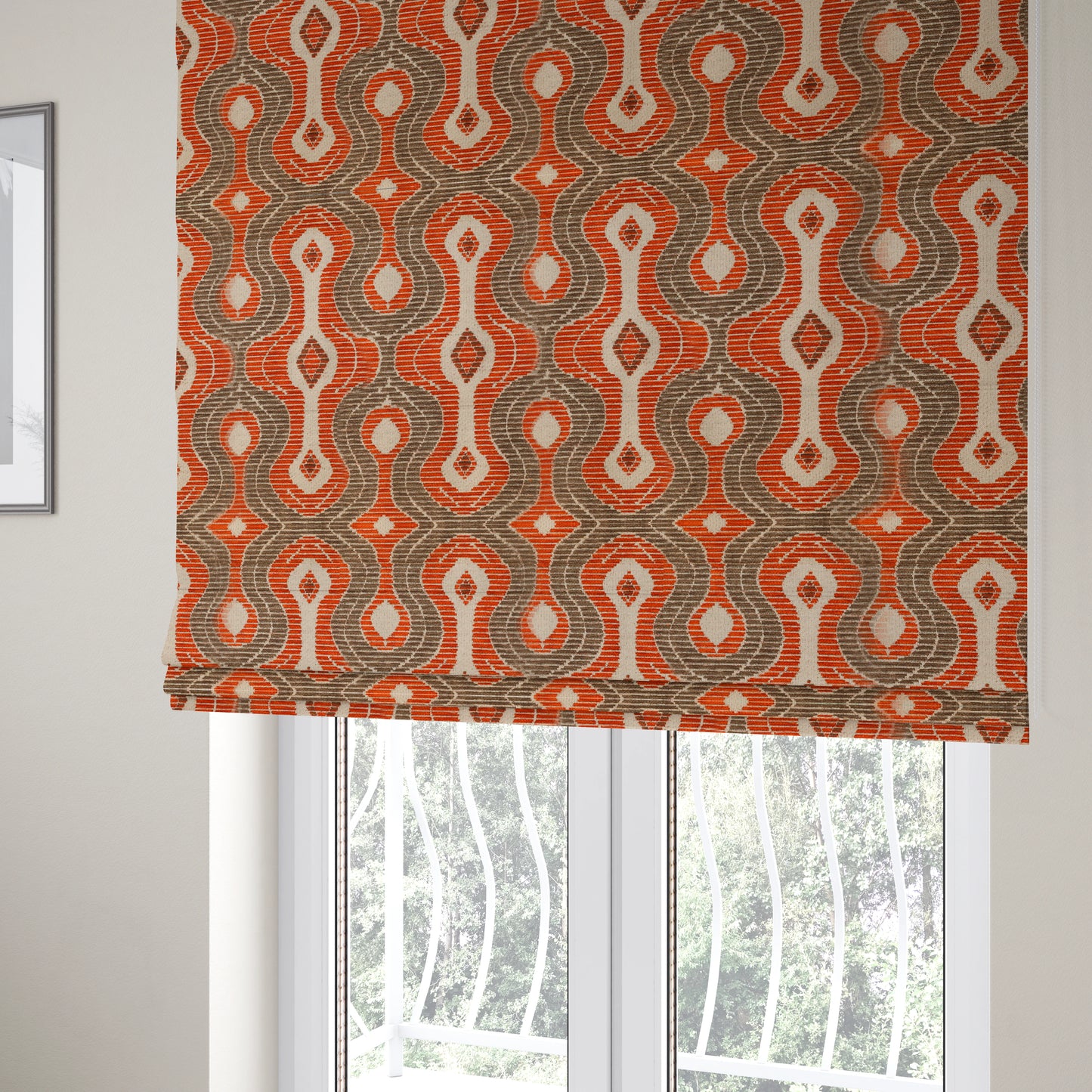 Geometric Pattern Orange Brown Colour Chenille Upholstery Fabric JO-961 - Roman Blinds