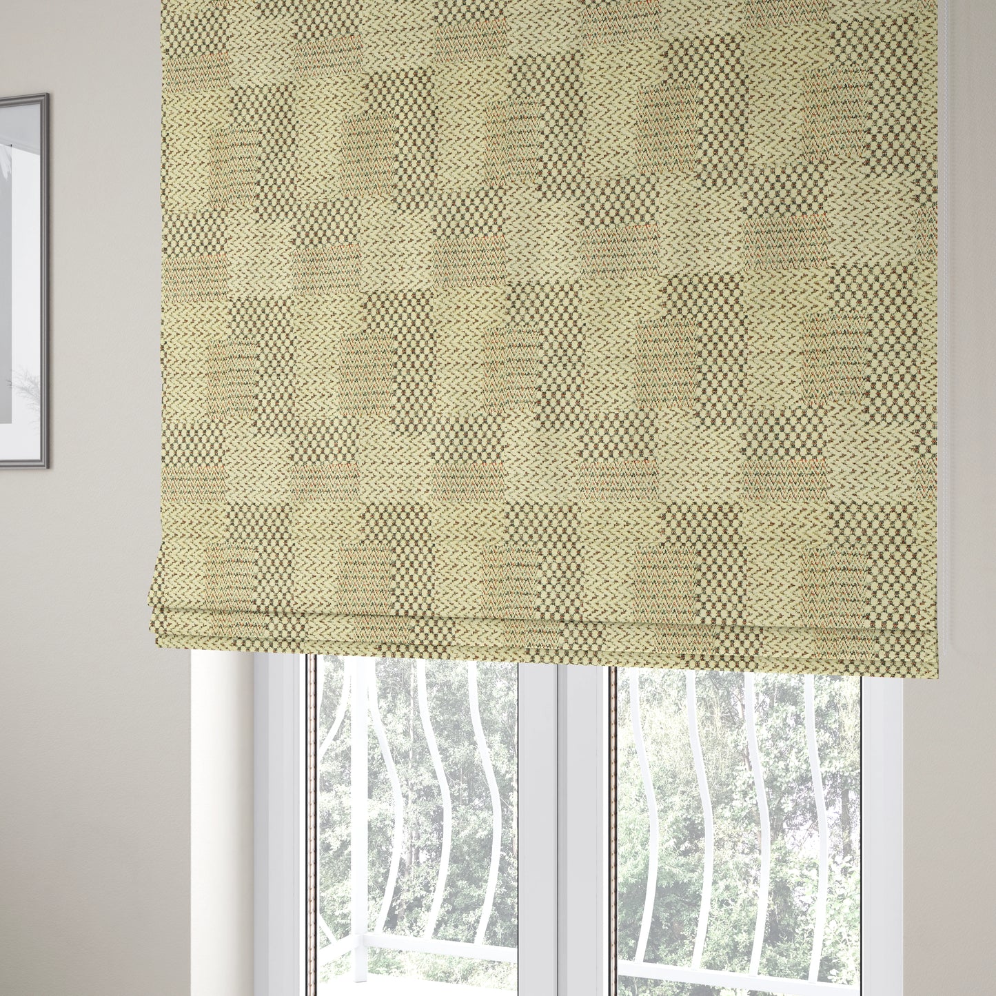 Voyage Of Gingham Geometric Patch Pattern In Cream Colour Woven Soft Chenille Upholstery Fabric JO-967 - Roman Blinds