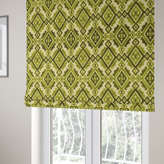 Kilim Pattern Cut Velvet Material Green Coloured Upholstery Fabric JO-979 - Roman Blinds