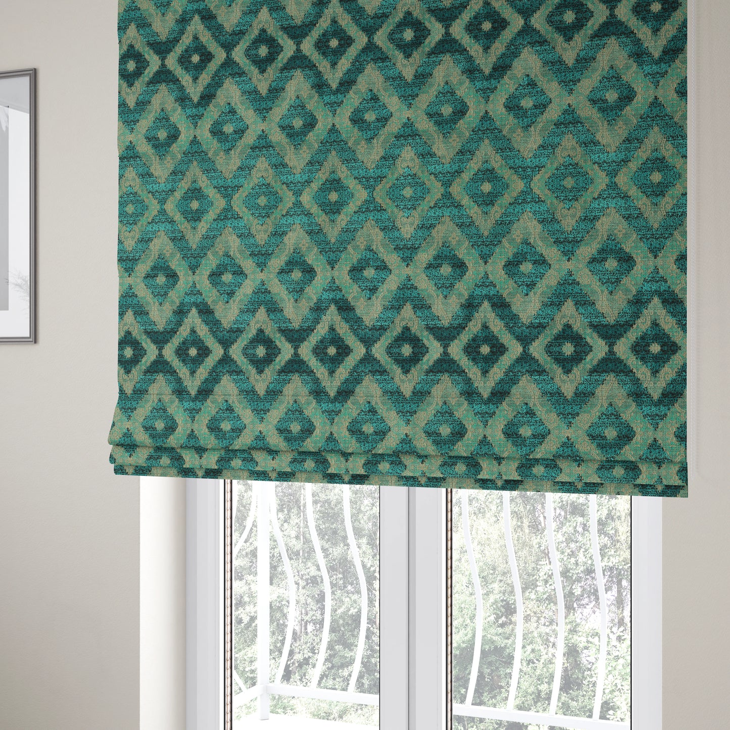 Diamond Tile Pattern In Cut Velvet Textured Blue Teal Furnishing Upholstery Fabric JO-991 - Roman Blinds