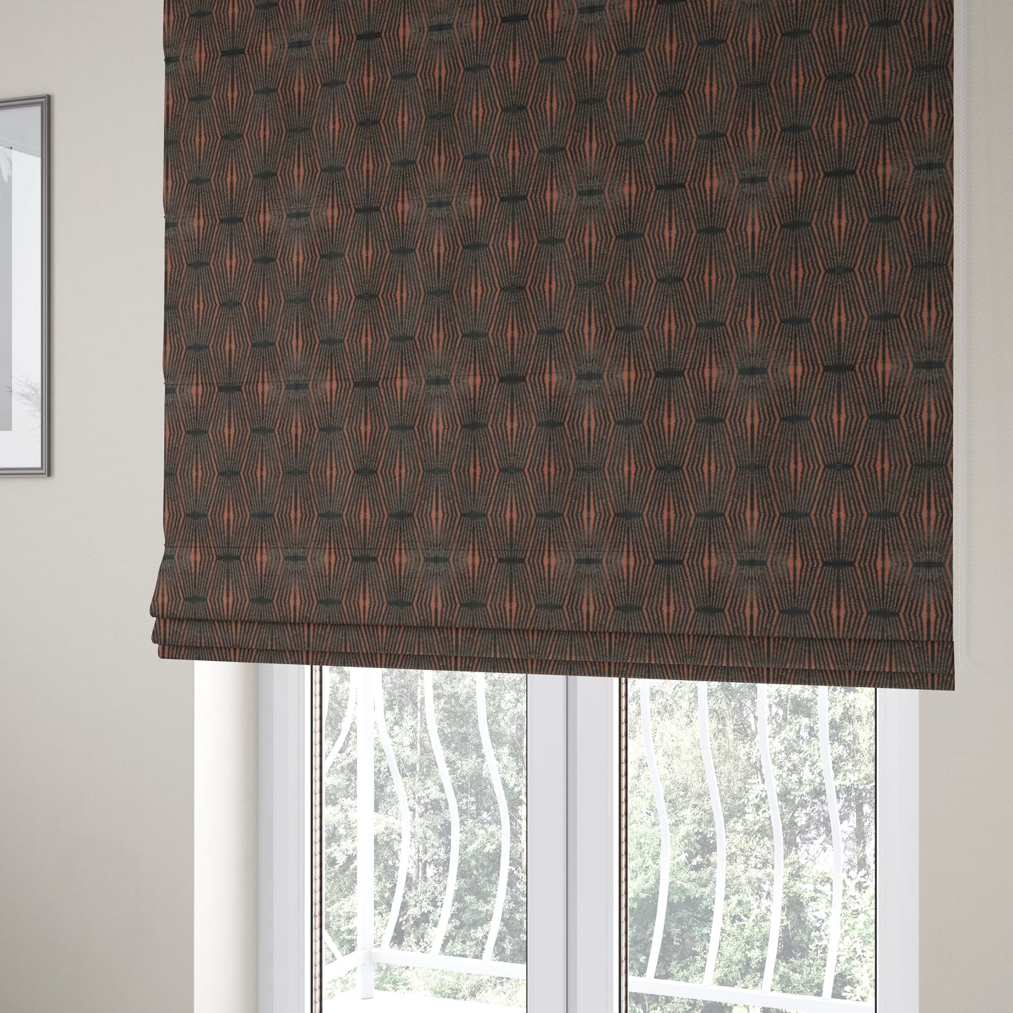 Kyoto Argyle Geometric Pattern Velvet Fabric In Grey Orange Colour - Roman Blinds