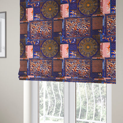 British Designed Printed Elegant Blue Colour Patchwork Printed On Luxury Crushed Velvet - Roman Blinds