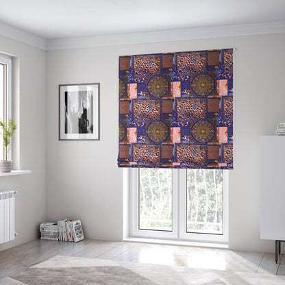 British Designed Printed Elegant Blue Colour Patchwork Printed On Luxury Crushed Velvet - Roman Blinds