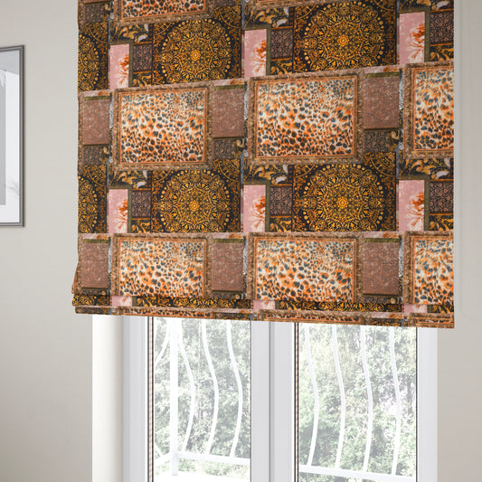 British Designed Printed Elegant Brown Colour Patchwork Printed On Luxury Crushed Velvet - Roman Blinds