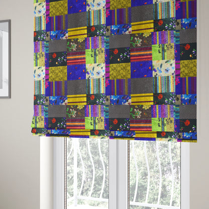 British Designed Printed Multi Coloured Alice Wonder Patchwork Printed On Luxury Crushed Velvet - Roman Blinds