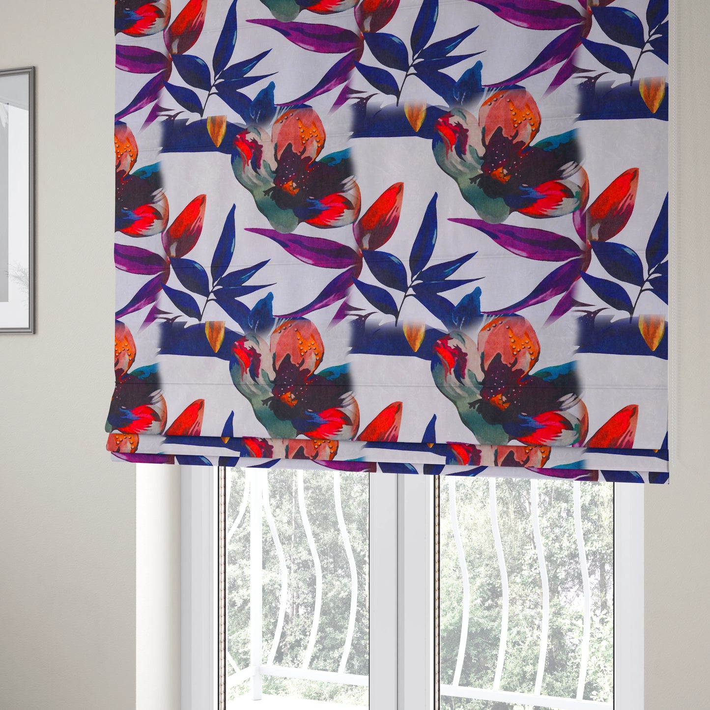 British Designed Printed Tropical Colour Floral Leaf Design Printed On Luxury Crushed Velvet - Roman Blinds