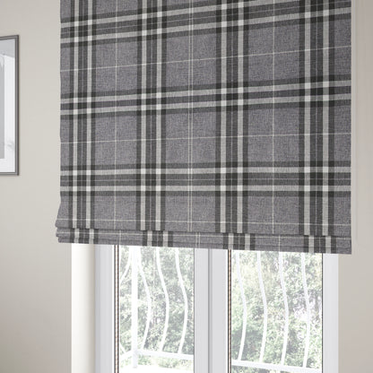 Louise Scottish Inspired Tartan Design Chenille Upholstery Fabric Light Grey Colour - Roman Blinds