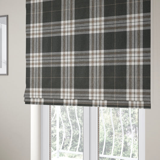 Louise Scottish Inspired Tartan Design Chenille Upholstery Fabric Black Colour - Roman Blinds