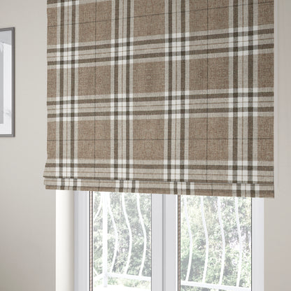 Louise Scottish Inspired Tartan Design Chenille Upholstery Fabric Light Brown Colour - Roman Blinds