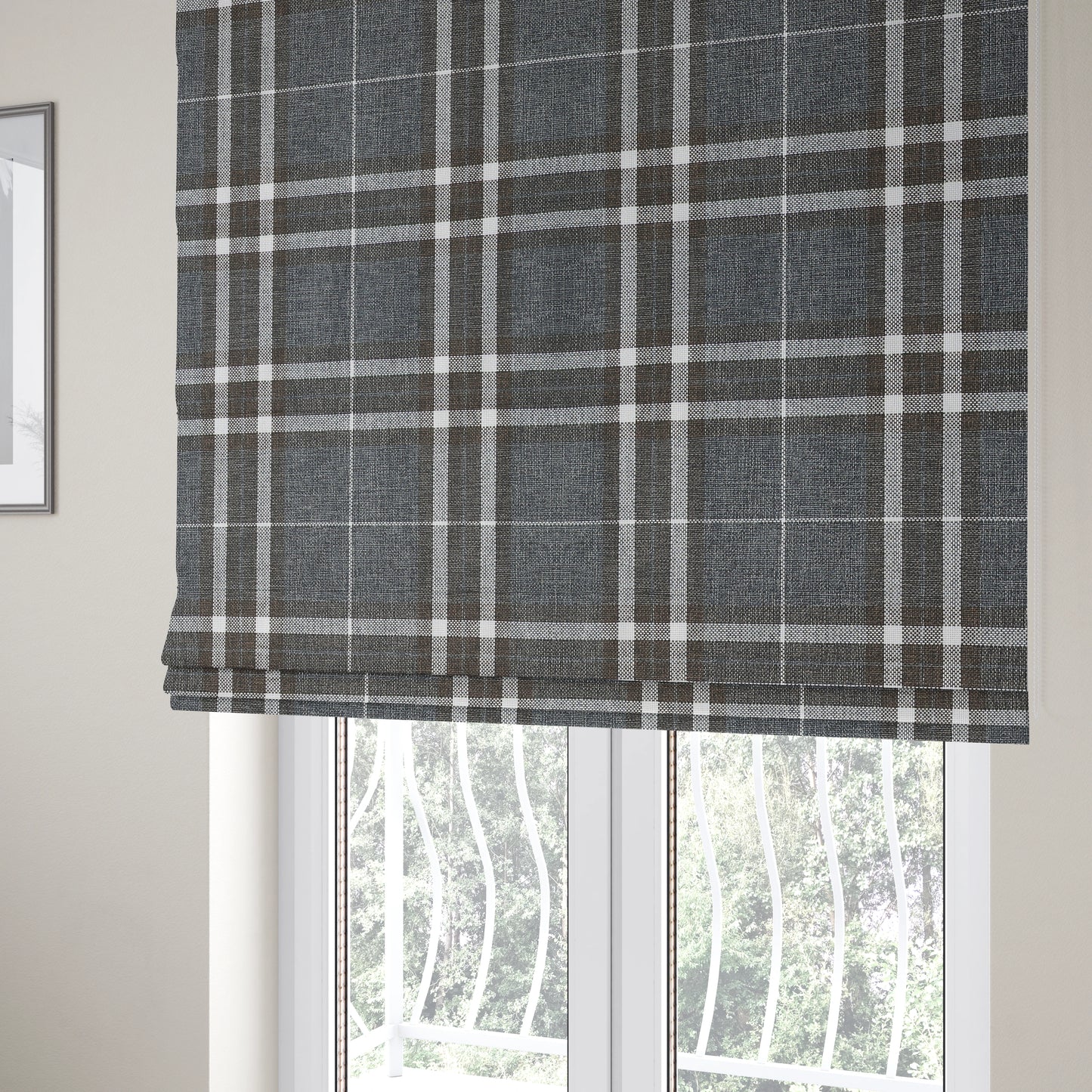 Louise Scottish Inspired Tartan Design Chenille Upholstery Fabric Dark Charcoal Grey Colour - Roman Blinds