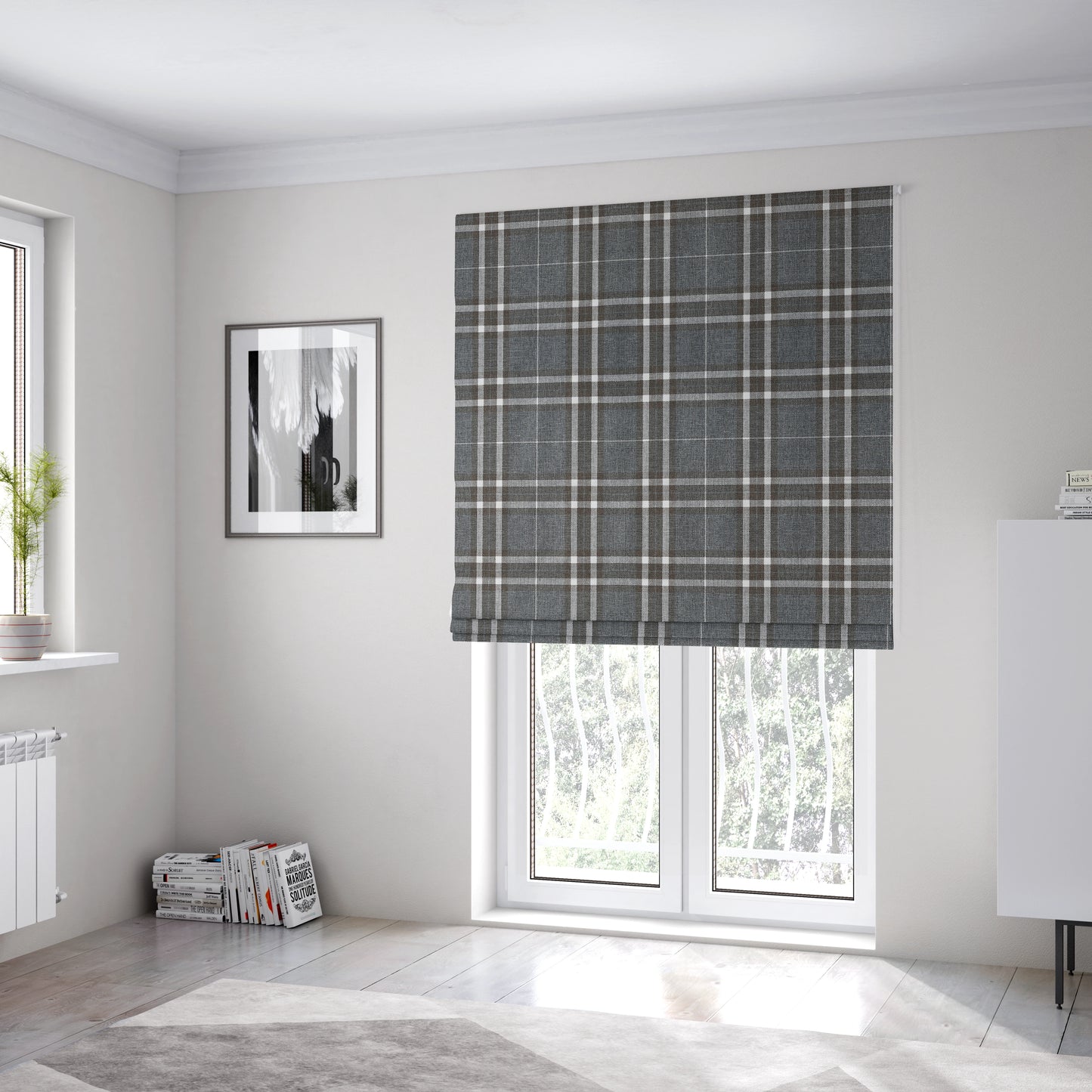 Louise Scottish Inspired Tartan Design Chenille Upholstery Fabric Dark Charcoal Grey Colour - Roman Blinds