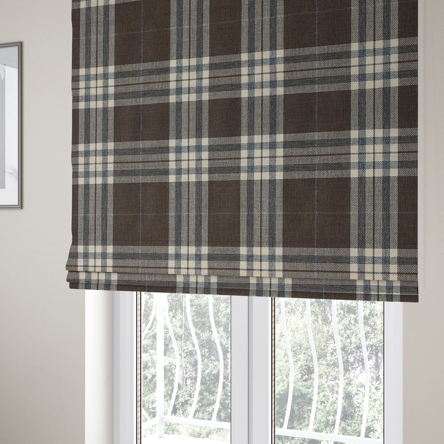 Louise Scottish Inspired Tartan Design Chenille Upholstery Fabric Brown Colour - Roman Blinds