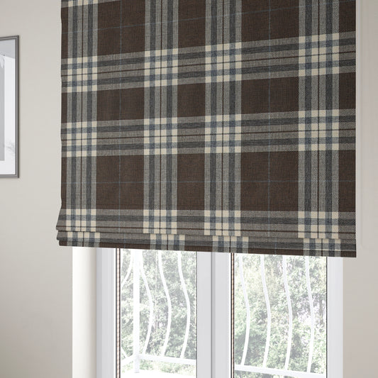 Louise Scottish Inspired Tartan Design Chenille Upholstery Fabric Brown Colour - Roman Blinds