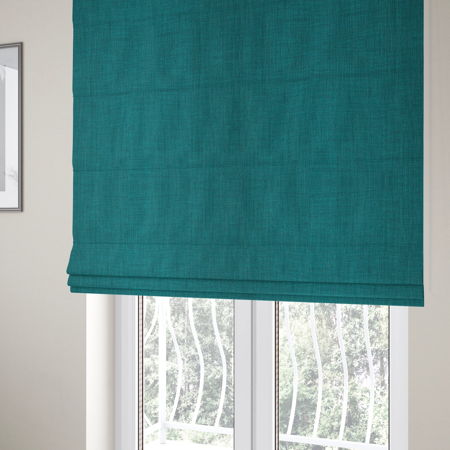 Ludlow Linen Effect Designer Chenille Upholstery Fabric In Ocean Teal Blue Colour - Roman Blinds