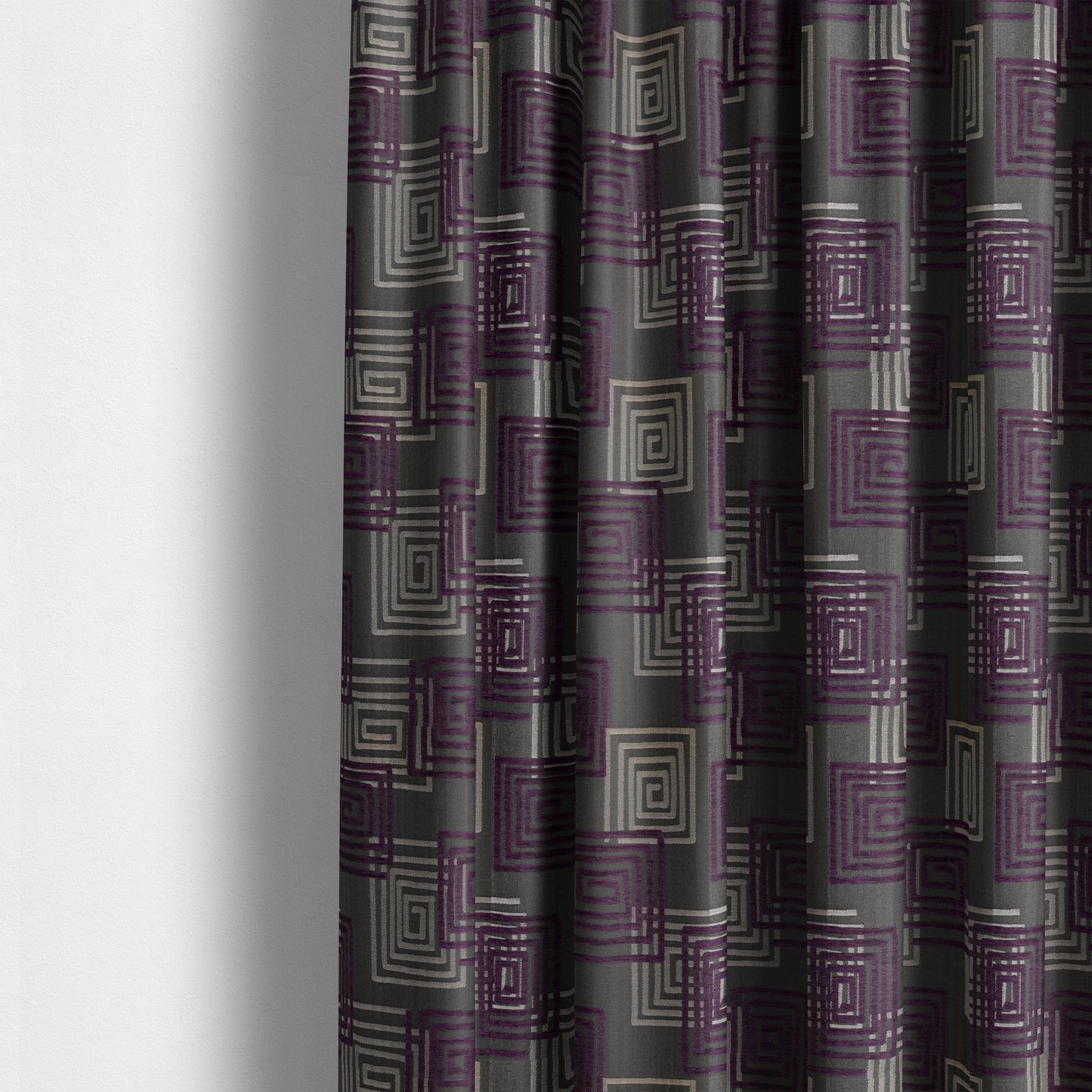 Tinto Shiny Finish Modern Geometric Pattern Chenille Upholstery Fabric In Purple Colour With Silver Grey Background MSS-23 - Made To Measure Curtains