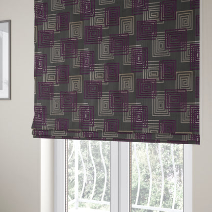 Tinto Shiny Finish Modern Geometric Pattern Chenille Upholstery Fabric In Purple Colour With Silver Grey Background MSS-23 - Roman Blinds