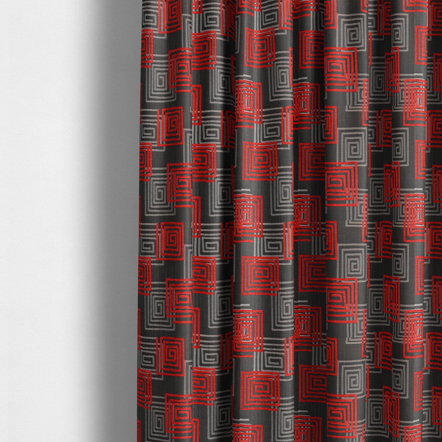 Tinto Shiny Finish Modern Geometric Pattern Chenille Upholstery Fabric In Red Colour With Silver Grey Background MSS-24 - Made To Measure Curtains