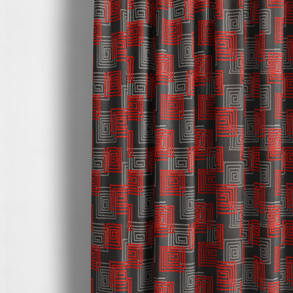 Tinto Shiny Finish Modern Geometric Pattern Chenille Upholstery Fabric In Red Colour With Silver Grey Background MSS-24 - Made To Measure Curtains