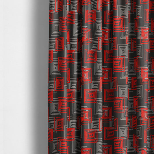 Tinto Shiny Finish Modern Geometric Pattern Chenille Upholstery Fabric In Red Colour With Silver Grey Background MSS-24 - Made To Measure Curtains