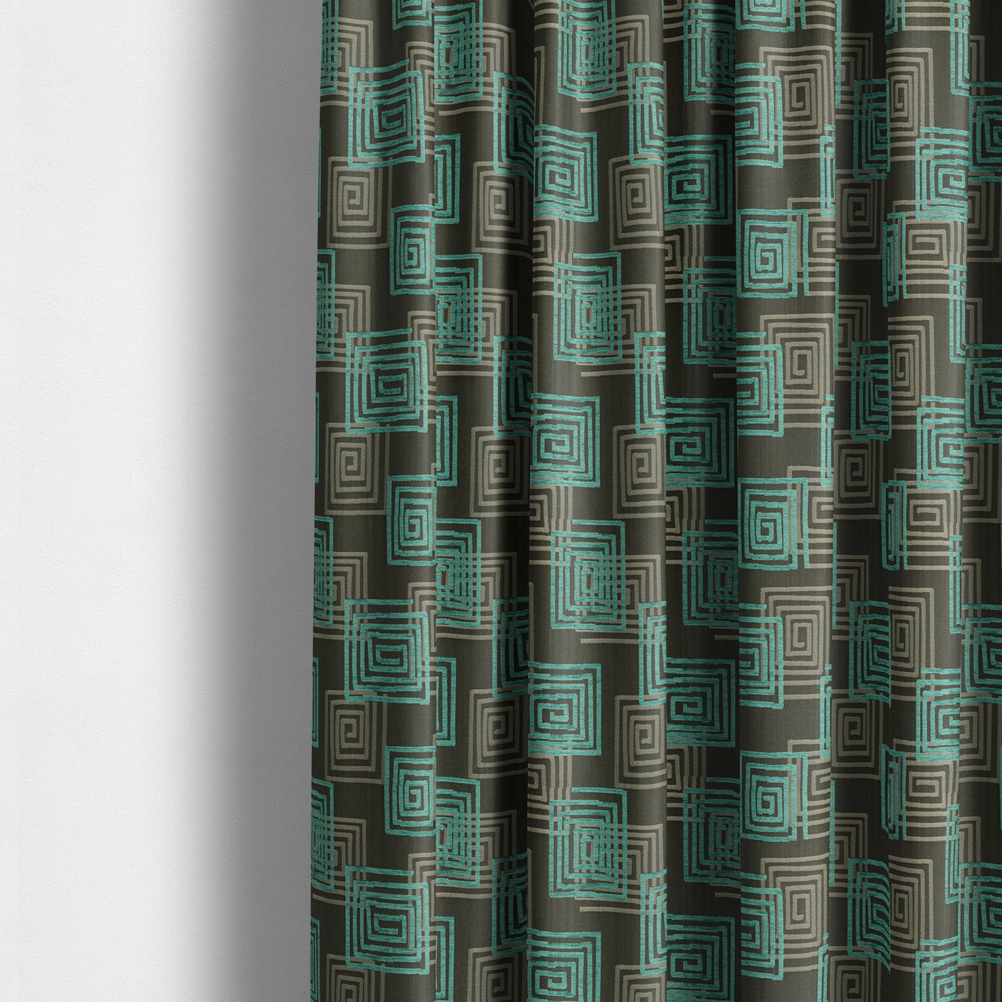 Tinto Shiny Finish Modern Geometric Pattern Chenille Upholstery Fabric In Blue Teal Colour With Silver Grey Background MSS-26 - Made To Measure Curtains