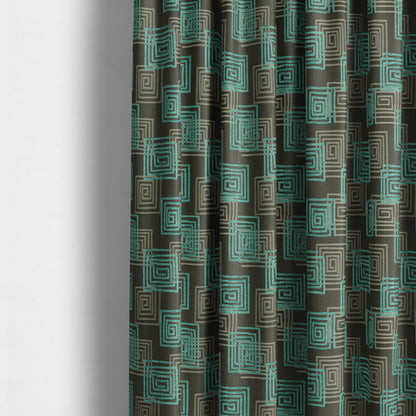 Tinto Shiny Finish Modern Geometric Pattern Chenille Upholstery Fabric In Blue Teal Colour With Silver Grey Background MSS-26 - Made To Measure Curtains