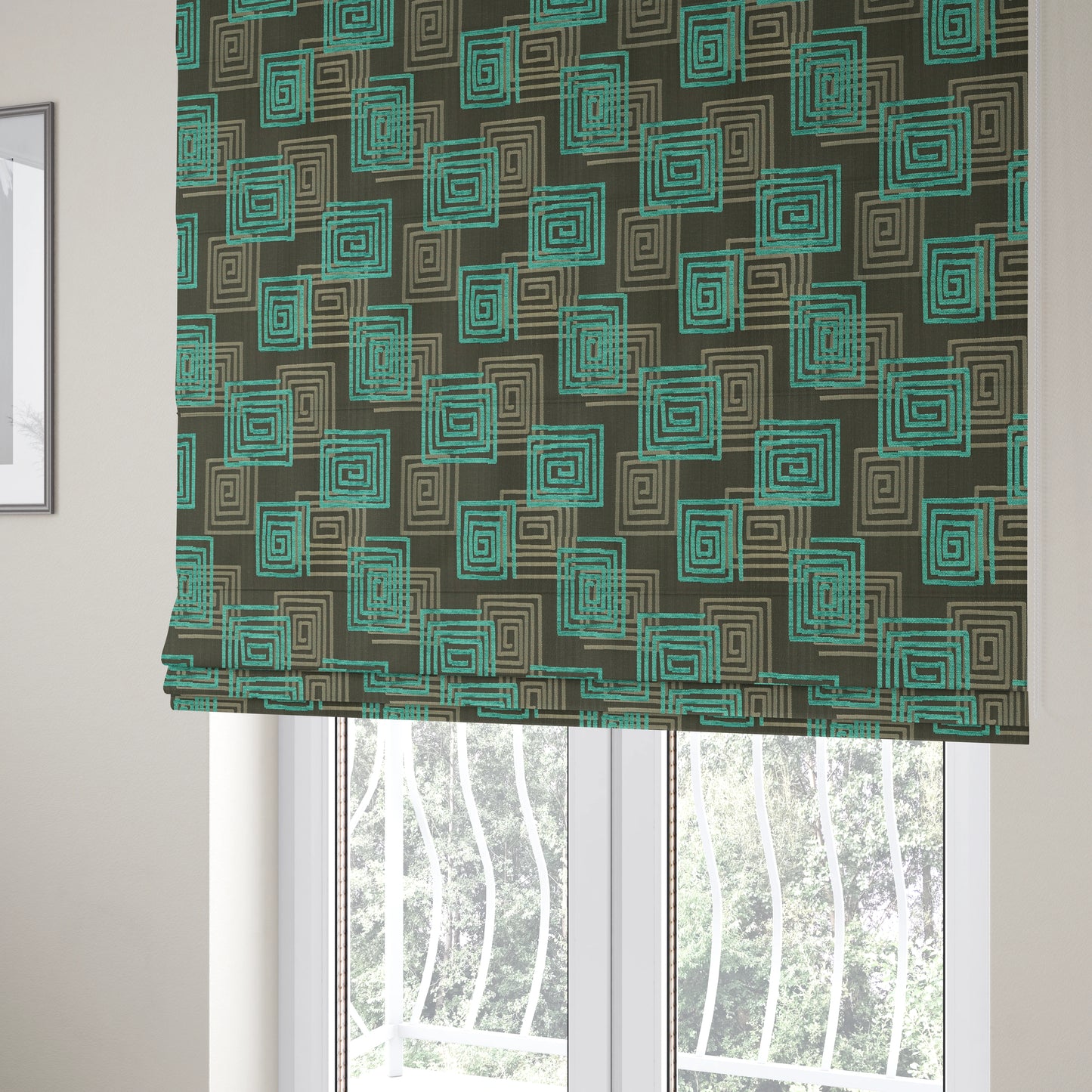 Tinto Shiny Finish Modern Geometric Pattern Chenille Upholstery Fabric In Blue Teal Colour With Silver Grey Background MSS-26 - Roman Blinds