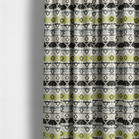 Tutti Frutti Aztec Pattern Chenille Upholstery Fabric In Grey Black Green Colour MSS-27 - Made To Measure Curtains