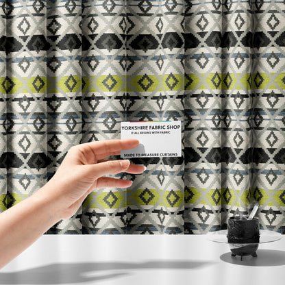 Tutti Frutti Aztec Pattern Chenille Upholstery Fabric In Grey Black Green Colour MSS-27 - Made To Measure Curtains