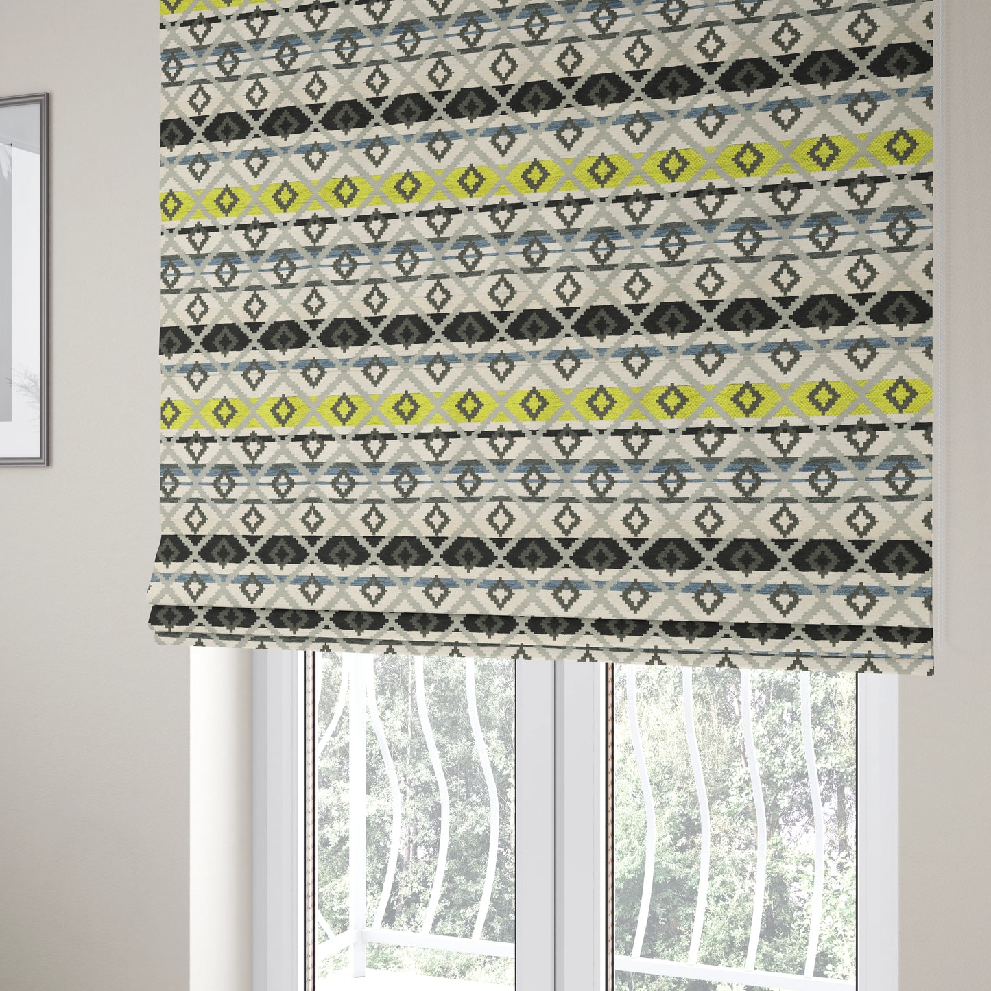 Tutti Frutti Aztec Pattern Chenille Upholstery Fabric In Grey Black Green Colour MSS-27 - Roman Blinds