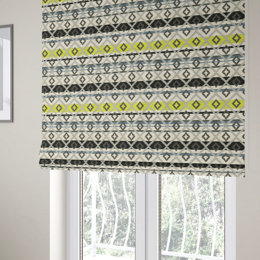 Tutti Frutti Aztec Pattern Chenille Upholstery Fabric In Grey Black Green Colour MSS-27 - Roman Blinds