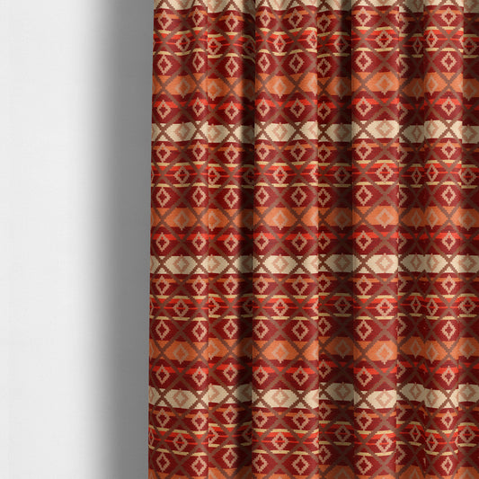 Tutti Frutti Aztec Pattern Chenille Upholstery Fabric In Orange Burgndy Red Colour MSS-32 - Made To Measure Curtains