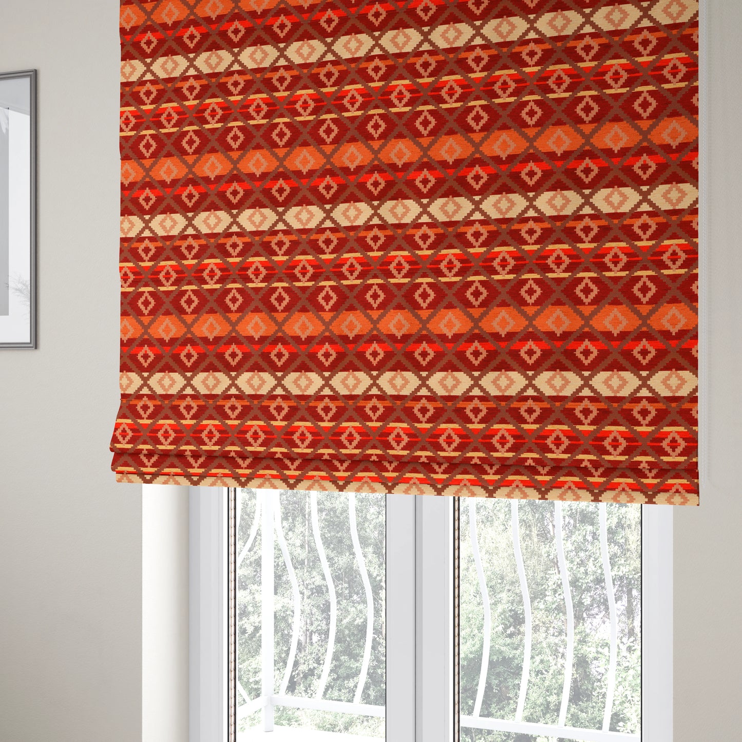 Tutti Frutti Aztec Pattern Chenille Upholstery Fabric In Orange Burgndy Red Colour MSS-32 - Roman Blinds