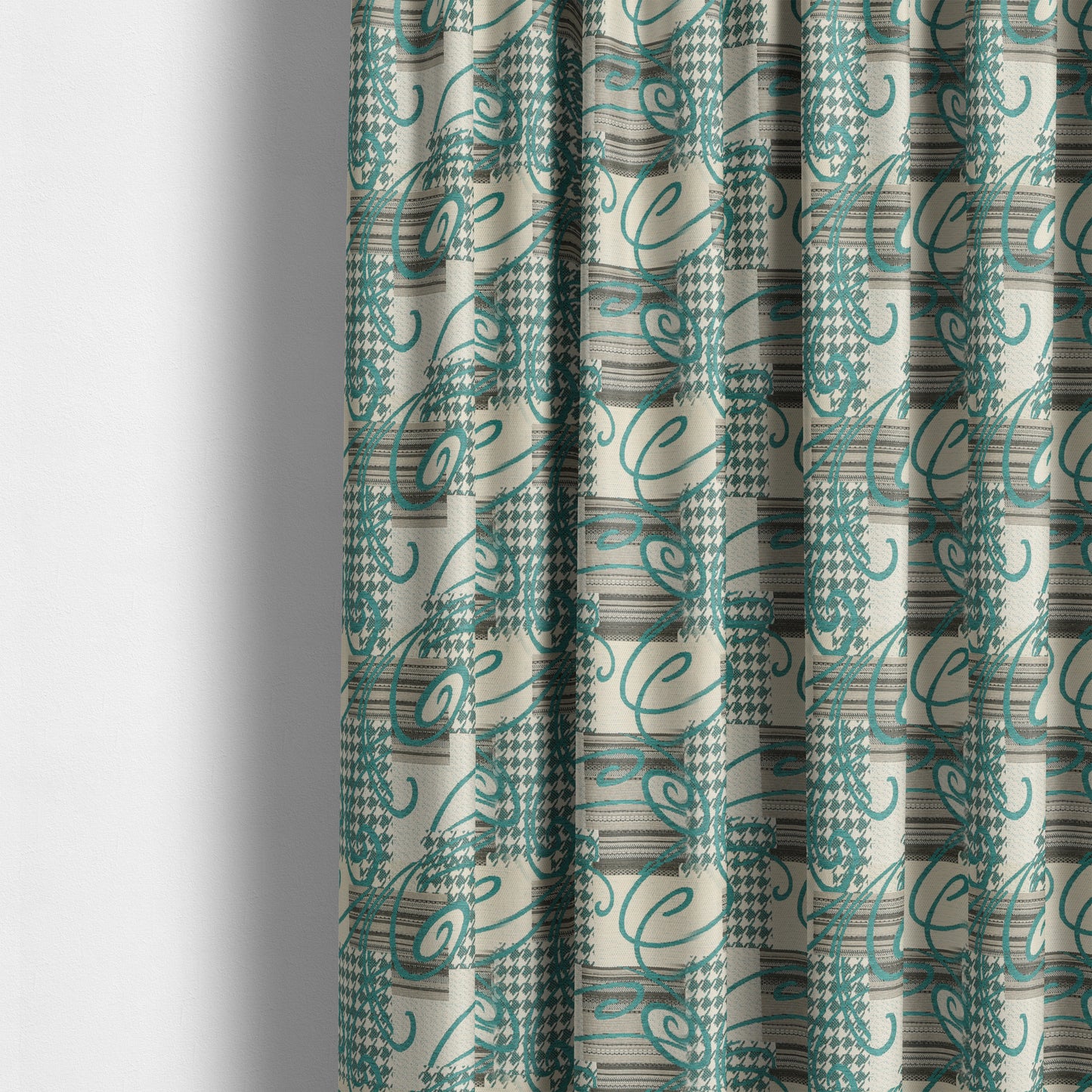 Kayu Patchwork Pattern Quality Chenille Upholstery Fabric In Blue Teal Colour MSS-33 - Made To Measure Curtains