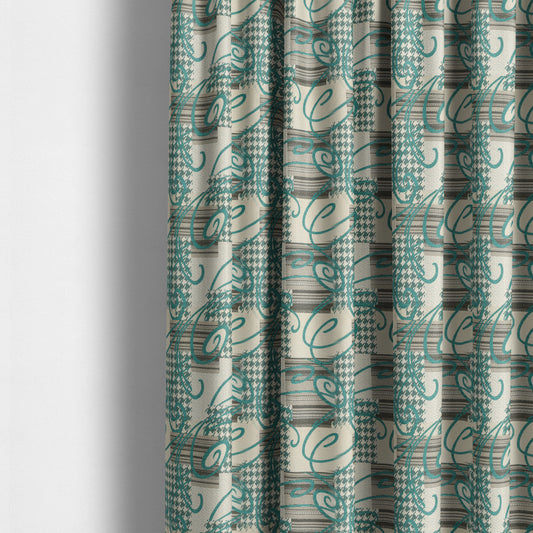 Kayu Patchwork Pattern Quality Chenille Upholstery Fabric In Blue Teal Colour MSS-33 - Made To Measure Curtains